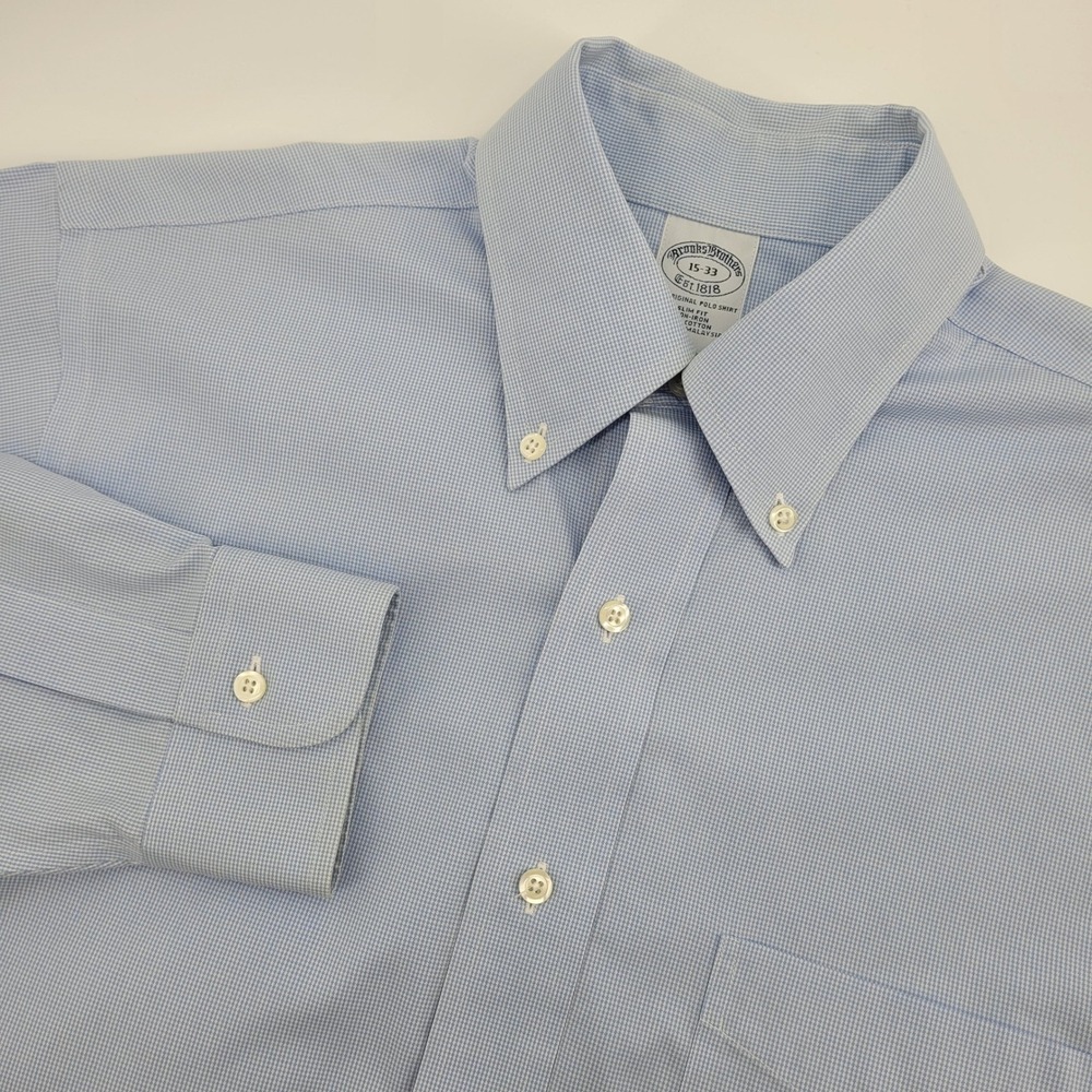 Brooks Brothers Slim Fit‎ Non-Iron Shirt Mens Small 15-33 Blue Micro Houndstooth